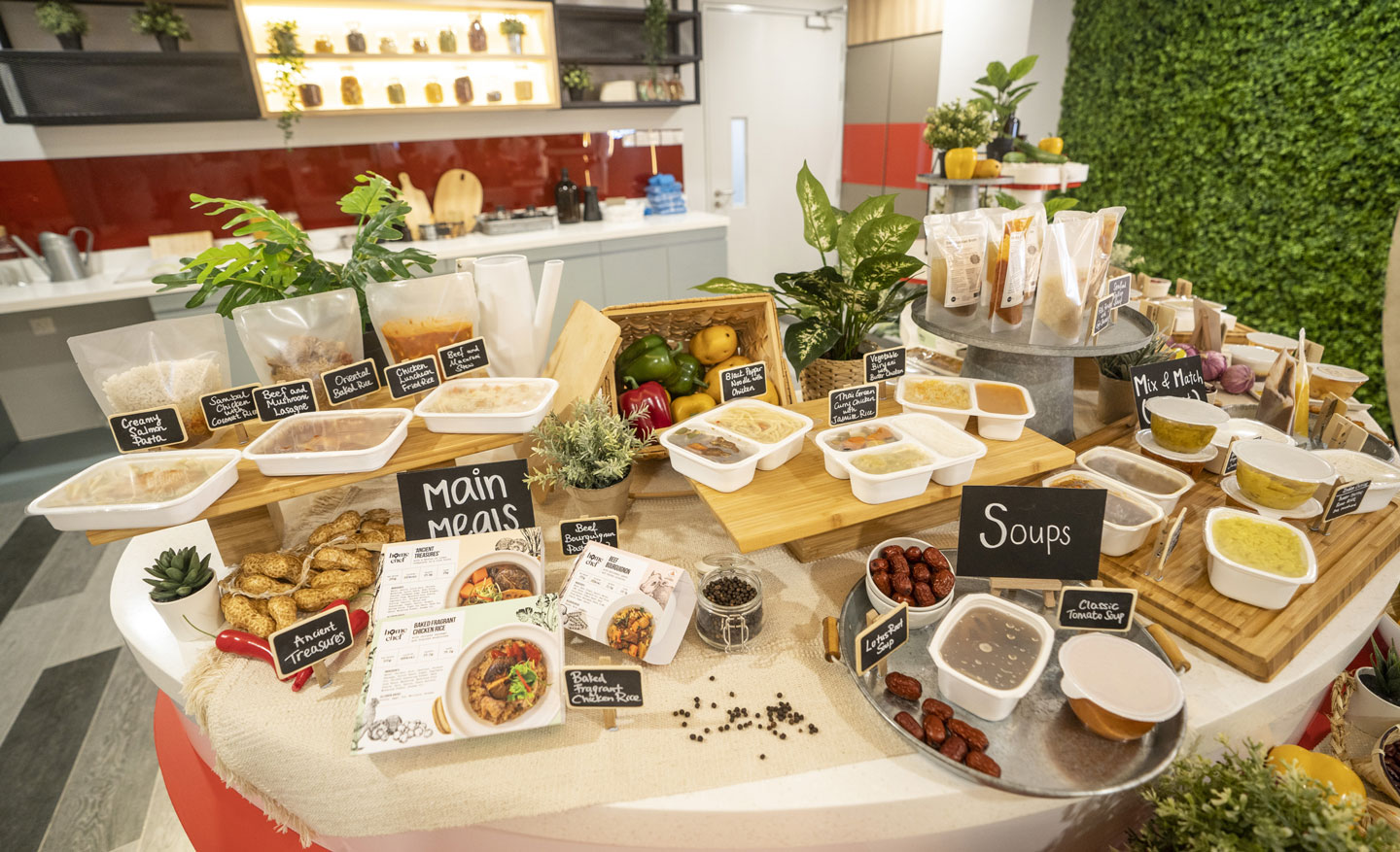 A display of an assortment of main meals and soups 